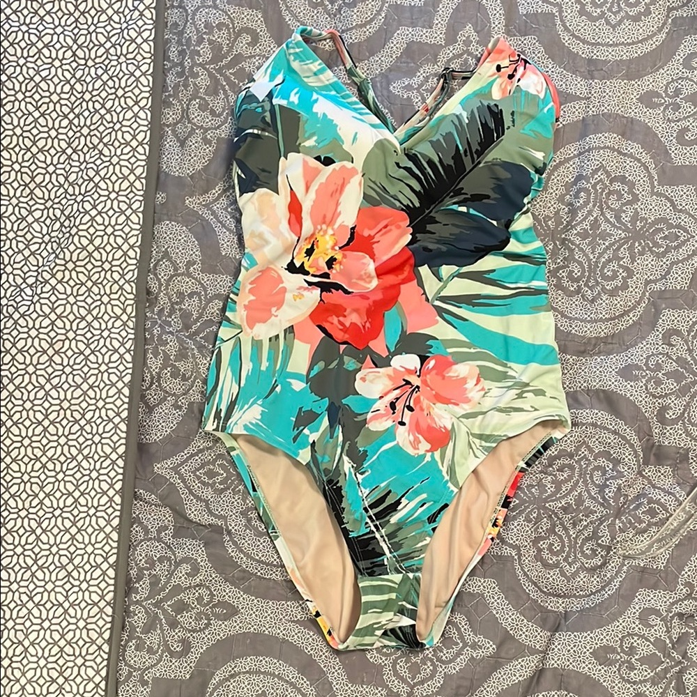 Kona Sol Turquoise Floral One-Piece Swimsuit with Coral and Green